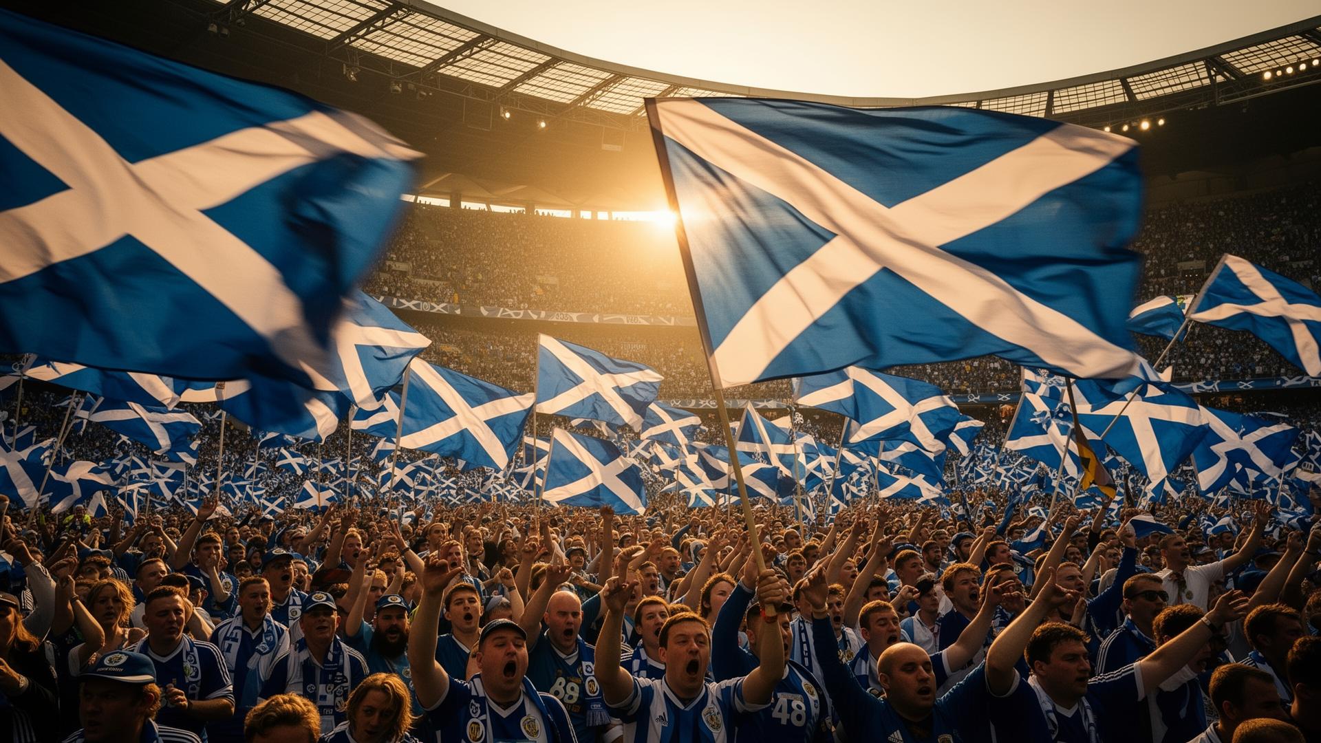Tartan Army of Scotland fans waving saltire flags in a packed stadium